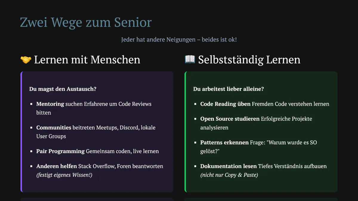 Zwei Wege zum Senior: Lernen mit Menschen vs. Selbstständig Lernen