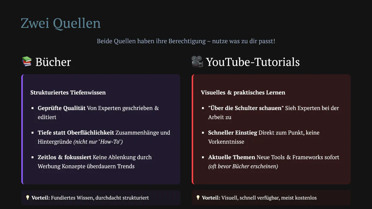 Zwei Quellen: Bücher vs. YouTube-Tutorials
