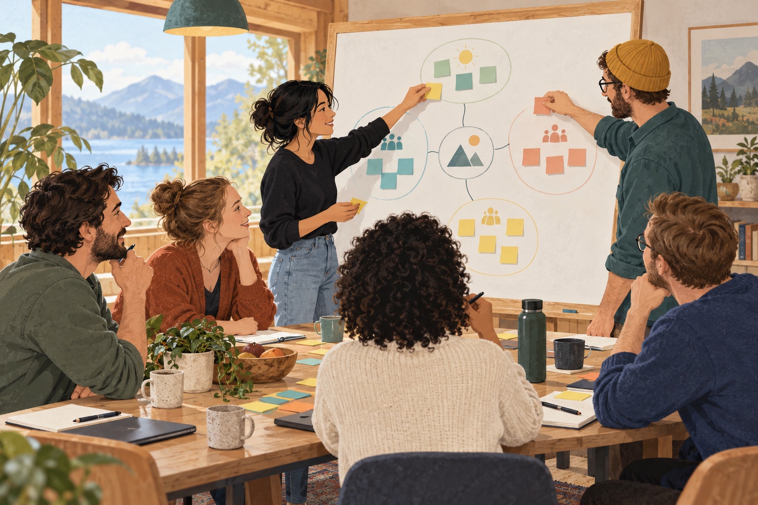 Illustration eines Team-Offsites: Kolleginnen und Kollegen entwickeln an einer Pinnwand ein gemeinsames Zielbild für ihre Teams.