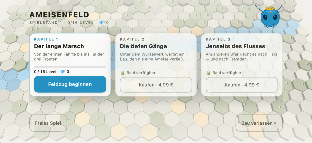 Der erste Startbildschirm - Standard-iOS-Karten, und die Kauf-Kapitel stehen schon drin